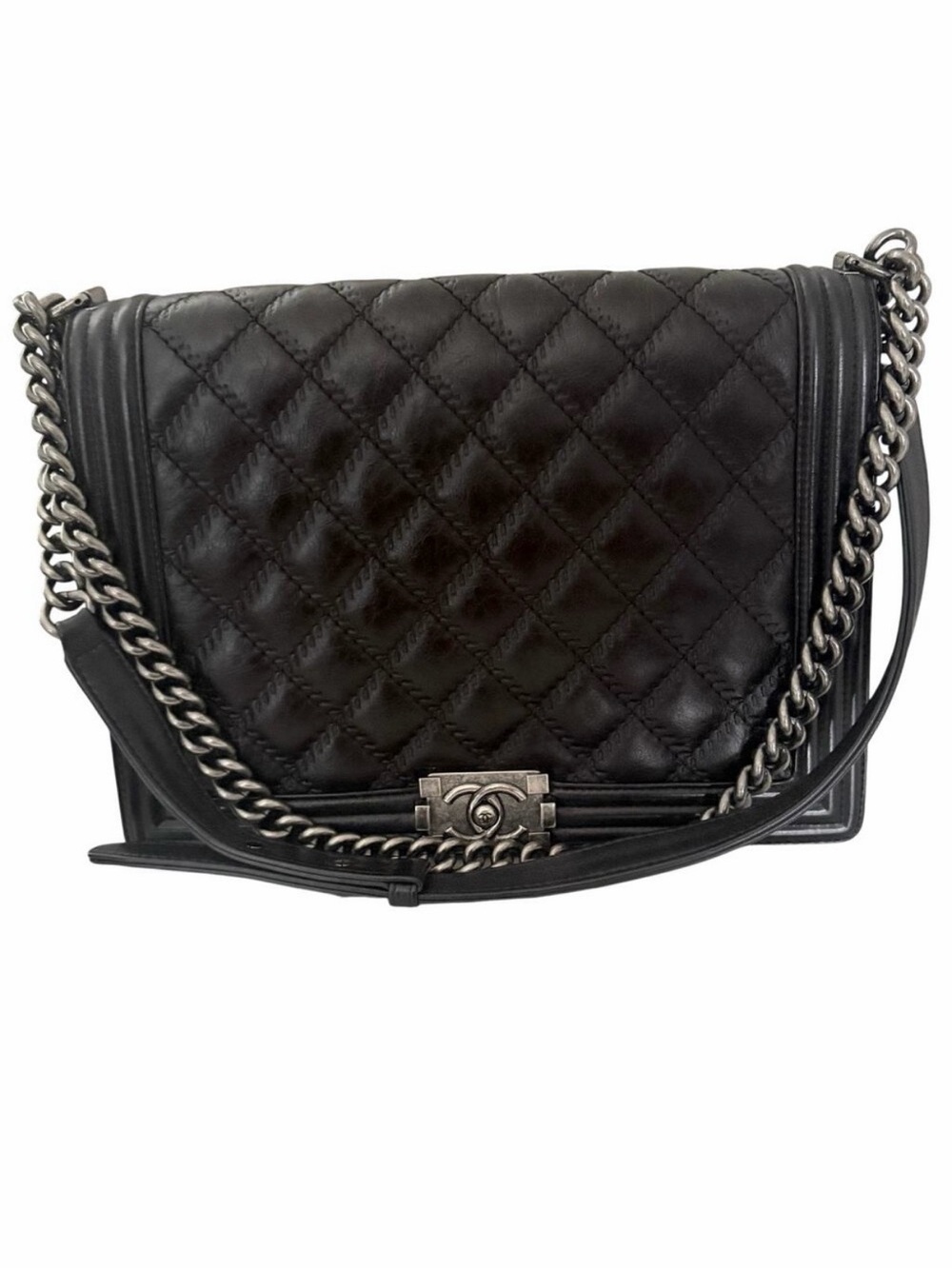 Chanel Large Boy Bag Black Quilted Calfskin Ruthenium Hardware Chain Flap w COA